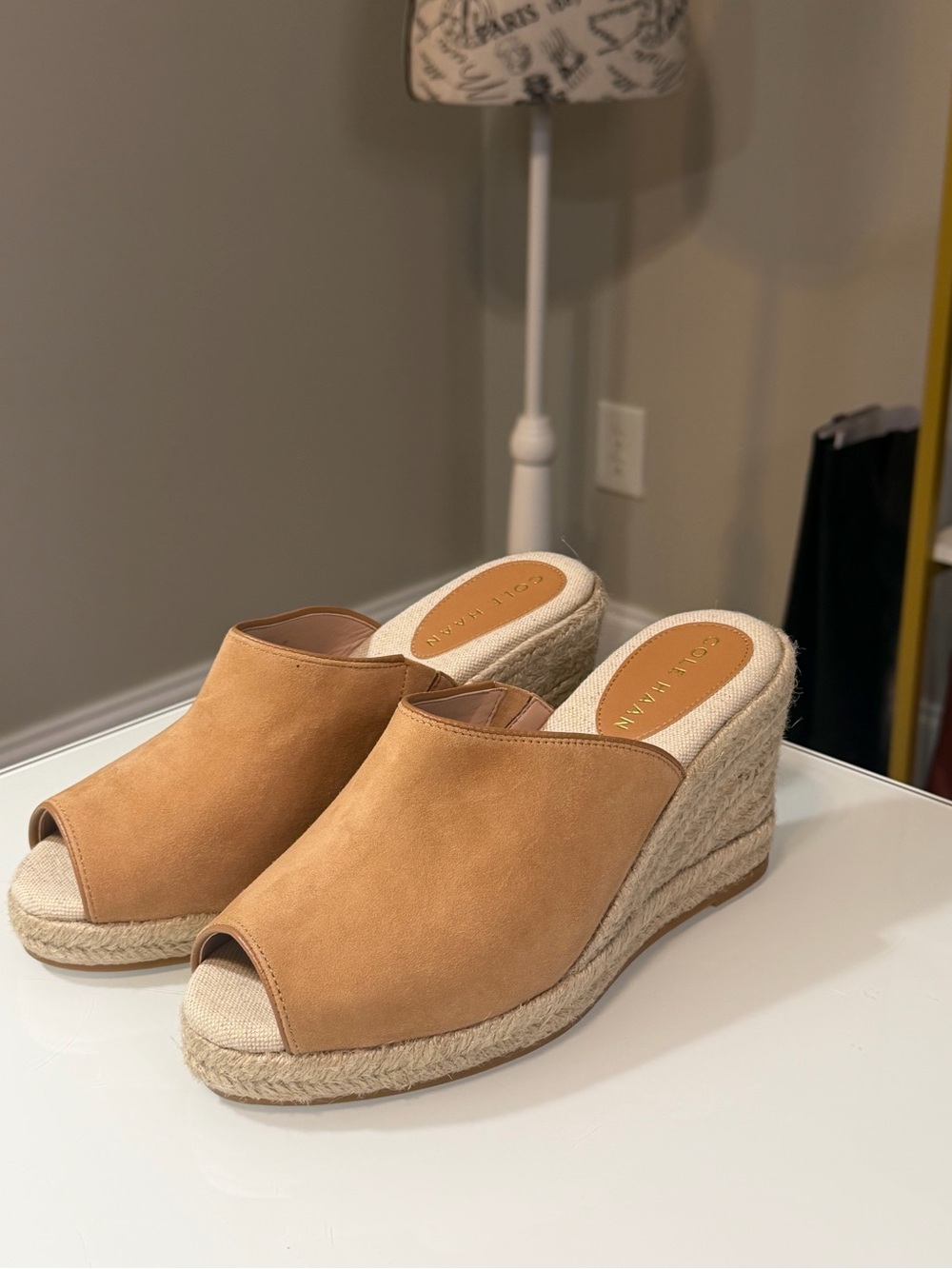 Cole Haan Cloudfeel Southcrest Espadrille Wedge Mule in tan suede sz7